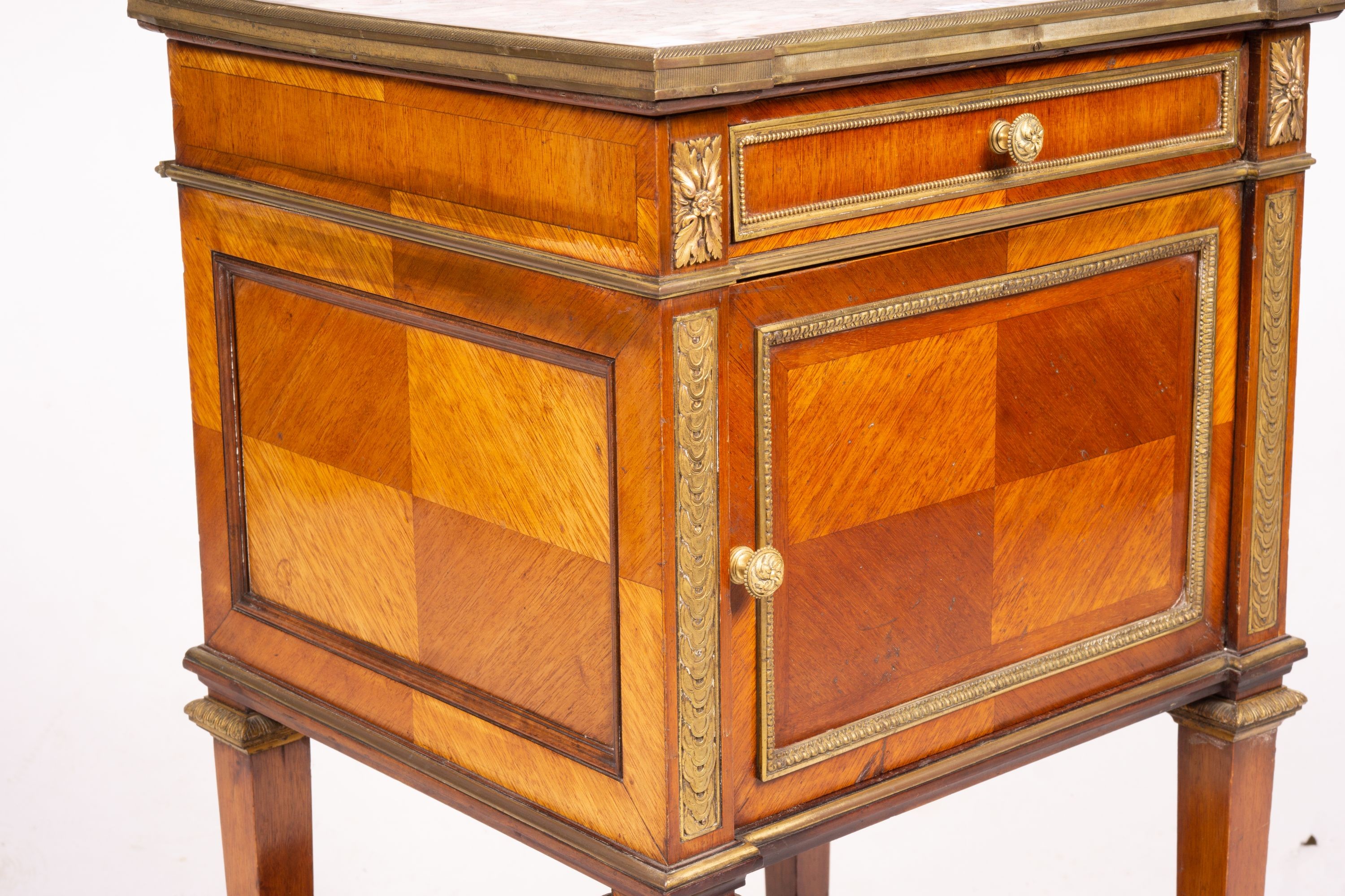 An early 20th century French marble top mahogany bedside cabinet, width 42cm, depth 38cm, height 75cm